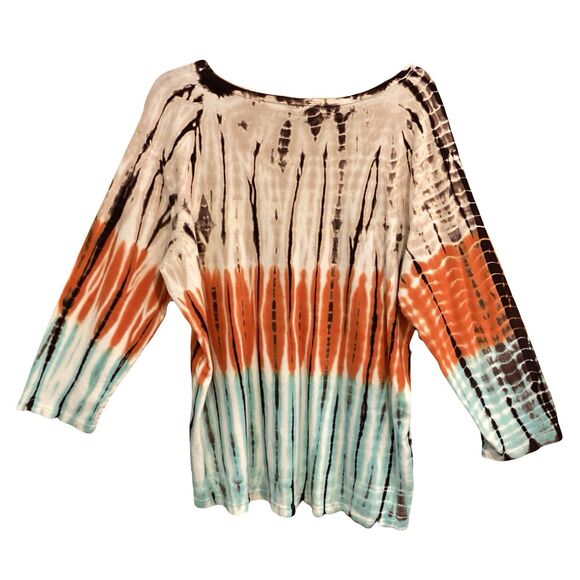 Tryst Tie Dye LS Shirt Top Turquoise Beige Orange Brown Boho ASO Phoebe Buffay - Picture 2 of 9
